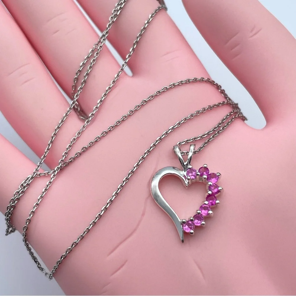Sterling Silver 925 Pink Topaz Heart Pendant Necklace on 18” Chain